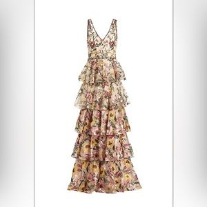 blush/nude V-neck floor length gown with rose & maroon embroidered floral